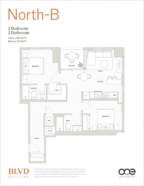 Floor plan for 2 beds, 2 baths, 939 sqft